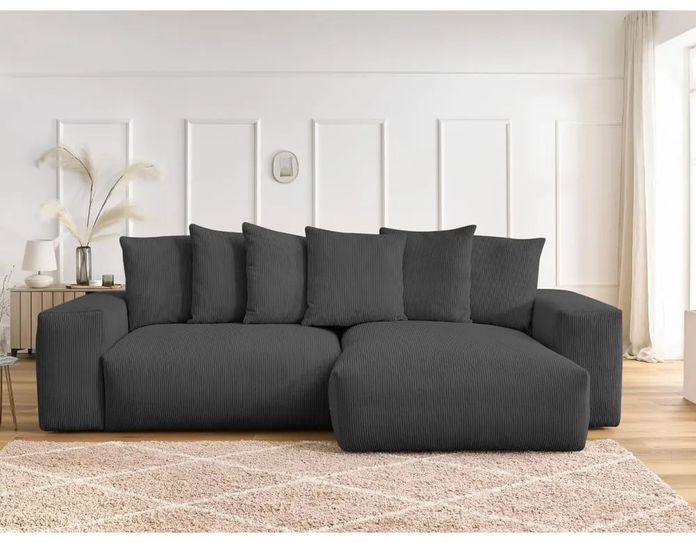 Tmavosivá menčestrová rozkladacia/s úložným priestorom rohová pohovka Voltaire – Bobochic Paris