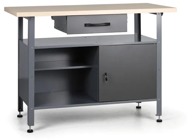 Pracovný stôl do dielne HOBBY III, 840 x 1200 x 600 mm, 1 skrinka, 2 police