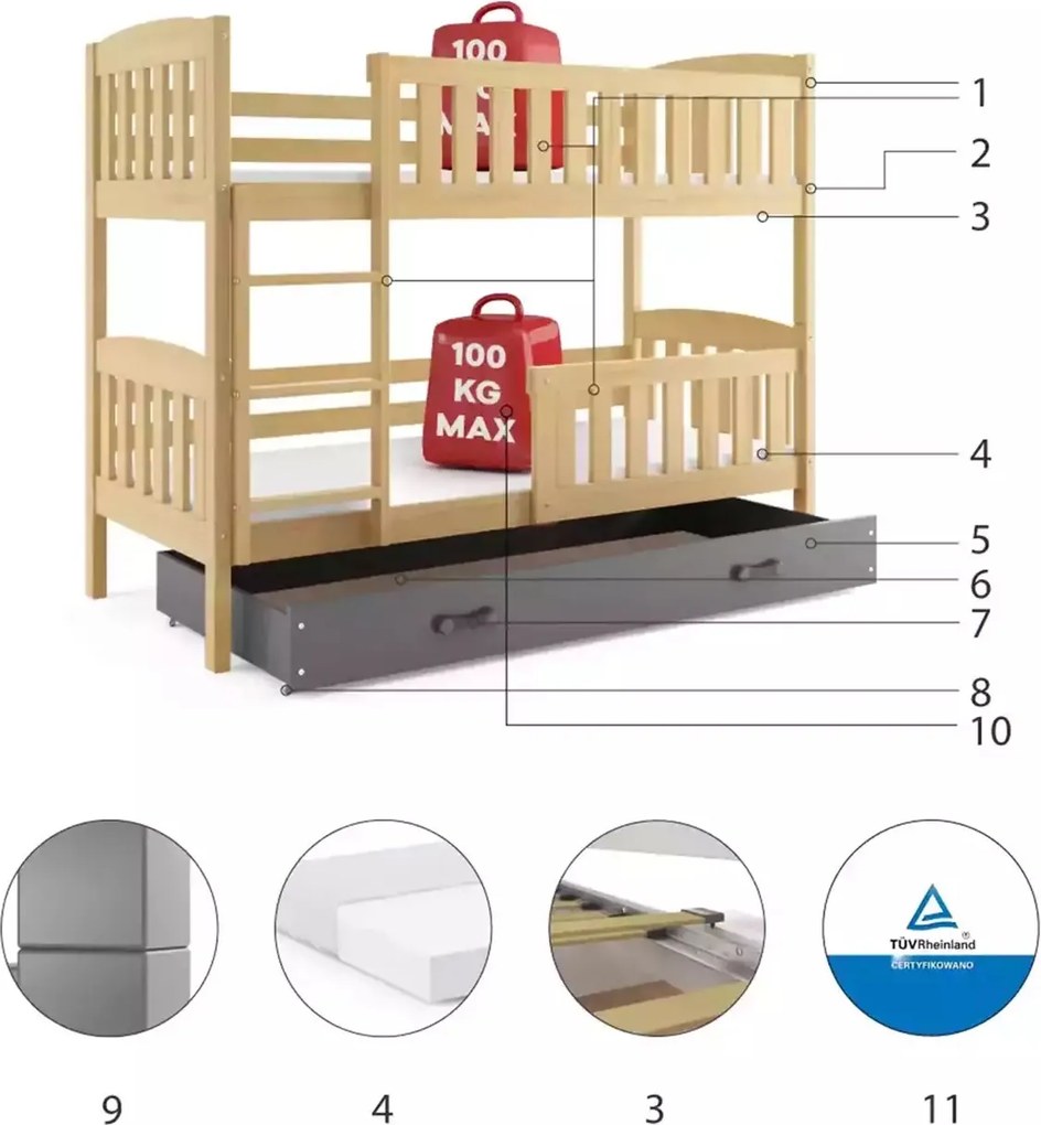 Poschodová posteľ KUBO 200x90 | borovica - grafitová