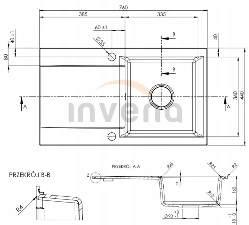 Invena Tesalia, 1-komorový granitový drez s odkvapkávačom 760x440x160 mm + chrómový automatický sifón, INV-AZ-01-043-B