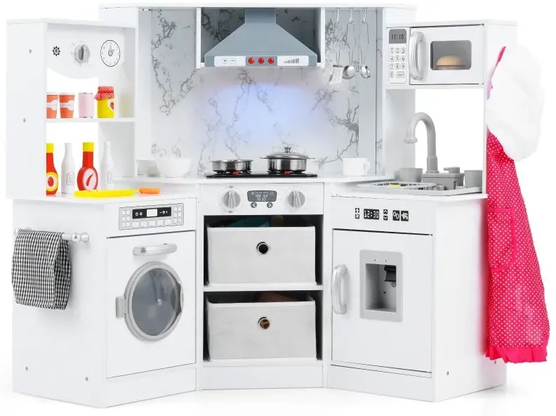 Drevená detská kuchynka so svetlom a zvukom a dávkovačom vody a práčkou a príslušenstvom Hracia kuchynka biela