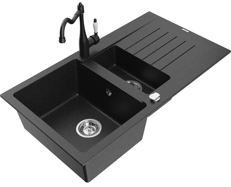 Mexen Matias, granitový drez 900x505x200 mm, 1,5-komorový a drezová batéria Carla, čierna-strieborná metalíza, 6502-73-670700-70