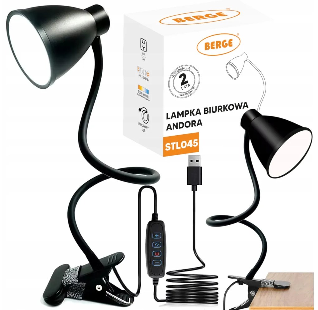 BERGE Andora LED stolná lampa s klipom 1xE27 čierna