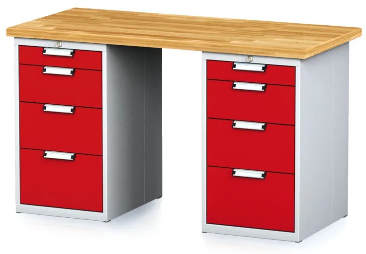 Dielenský stôl MECHANIC I s 2 zásuvkovými dielenskými boxami na náradie namiesto nôh, 8 zásuviek, 1500 x 685 x 880 mm, červené dvere