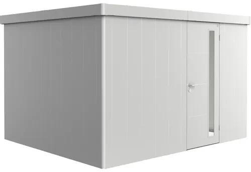 Plechový záhradný domček Biohort Neo 3D jednokrídlové dvere 338x282 cm strieborný metalický