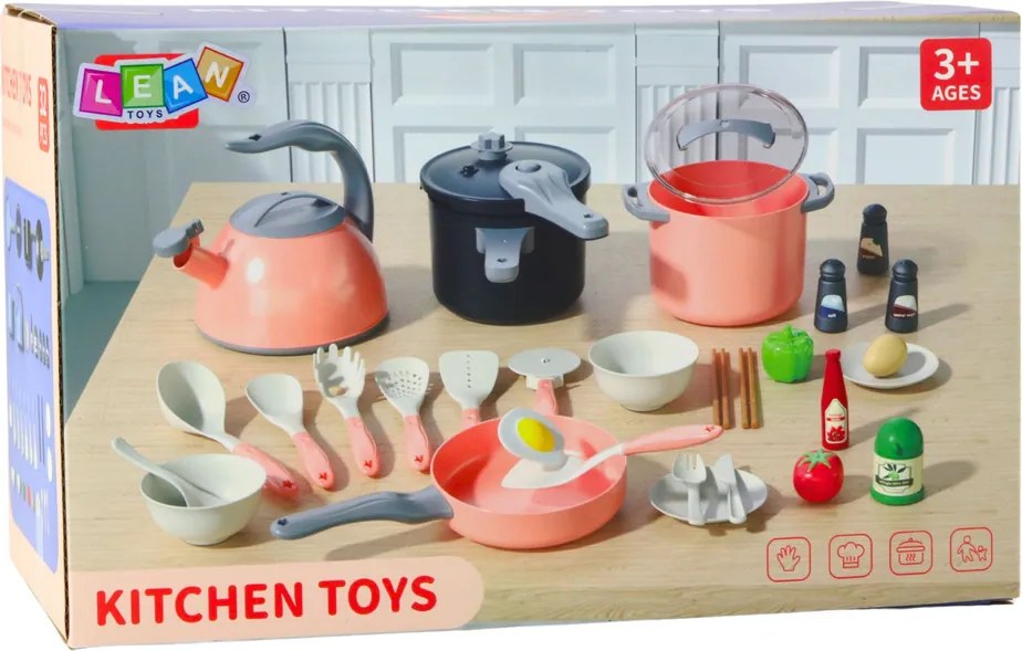 LEAN Toys Kuchynská súprava Hrnce Príslušenstvo na varenie Jedlo Ružová 32 el.