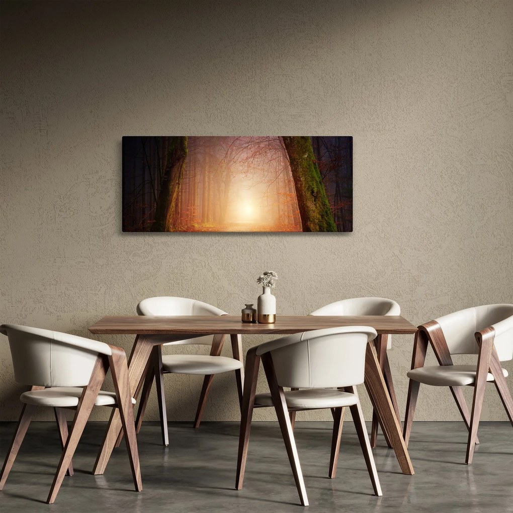 Obraz jesenného lesa v hmle (120x50 cm)