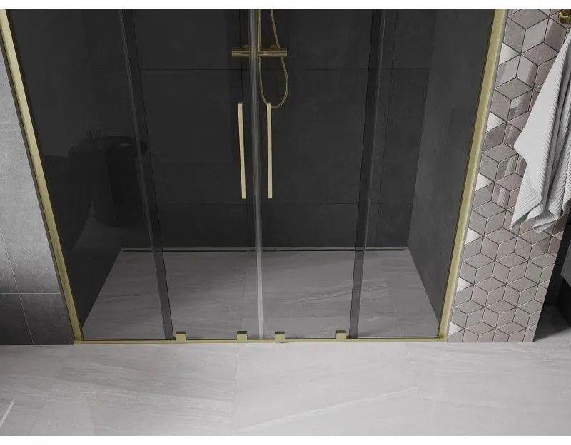 Mexen Velar Duo, posuvné sprchové dvere do otvoru 170 cm, 8mm šedé sklo, zlatá matná, 871-170-000-42-55