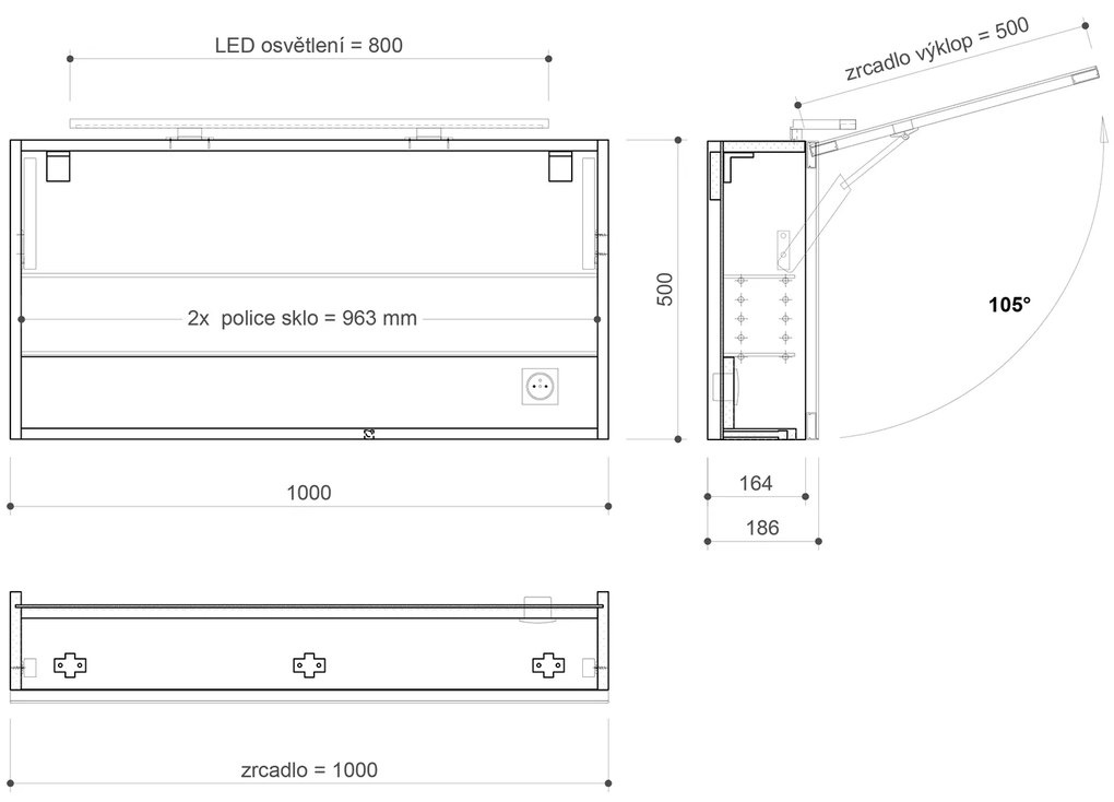 Sapho, CLOE galérka s LED osvetlením, 100x50x18cm, biela (CE100), CE100-0030