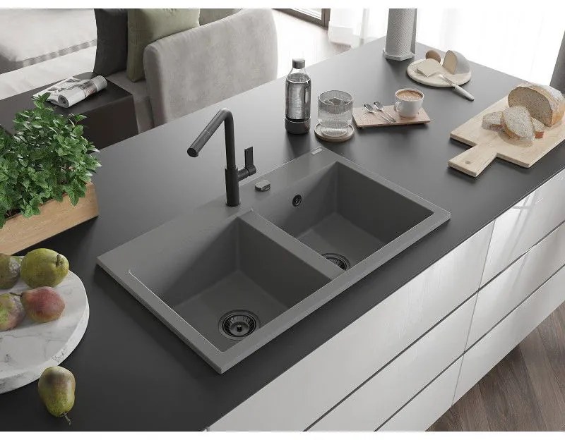 Mexen Hektor, 2-komorový granitový drez 800x480x205 mm, šedá, grafitový sifón, 6521802000-71-B