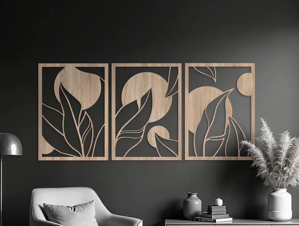 drevko 3-dielny drevený obraz Veľké listy Rozmer obrazu: 44,5 x 99 cm, Farba dekorácie: Čierna