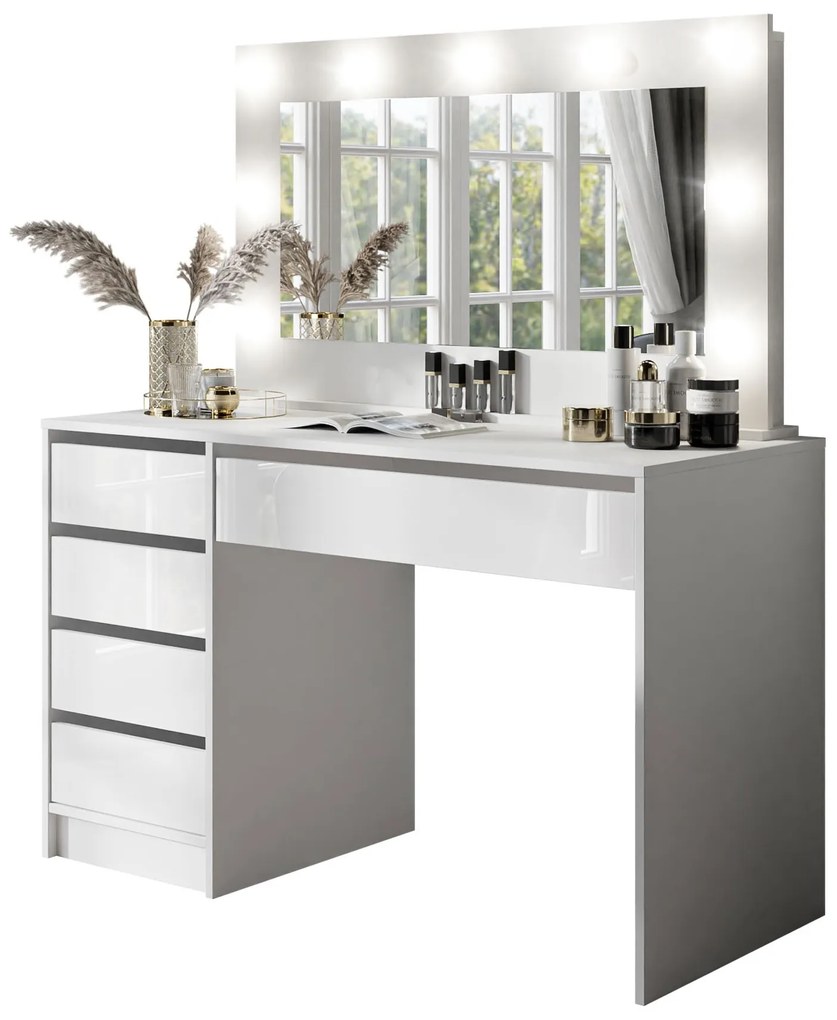 Toaletný stolík INEZ II so zrkadlom biela lesklá + kancelársky stôl
