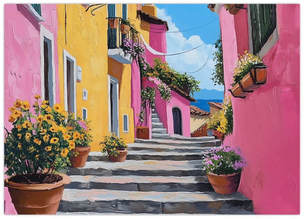 Sklenený obraz - Ružová ulička (70x50 cm)