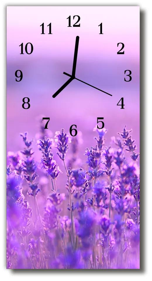 Sklenené hodiny vertikálne Kvety z levandule fialovej poľa 30x60 cm