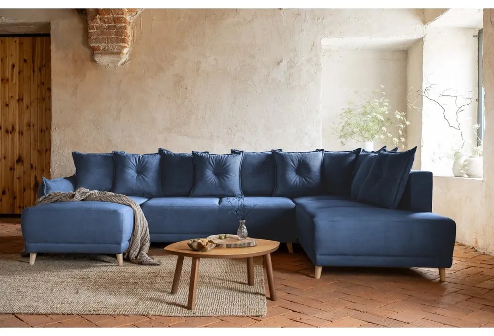 Tmavomodrá menčestrová rozkladacia rohová pohovka (pravý roh/do "U") Lazy Lukka – Miuform