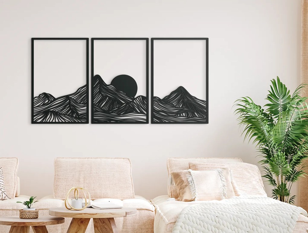 drevko Viacdielny obraz Minimalistické hory pri západe slnka Rozmer obrazu: 64,5 x 133 cm, Farba dekorácie: Čierna