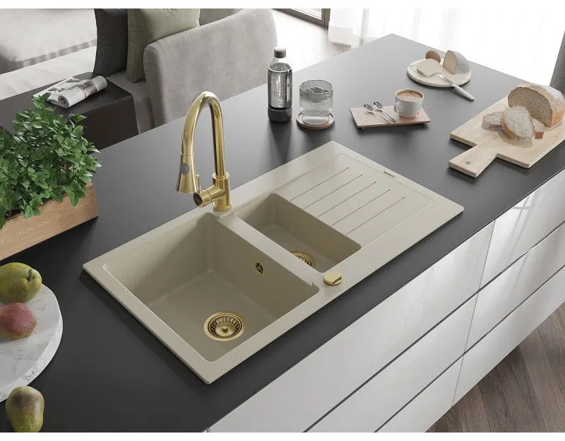 Mexen Matias, 1,5-komorový granitový drez 900x505x200 mm a drezová batéria Elia, béžová, 6502-69-670101-50