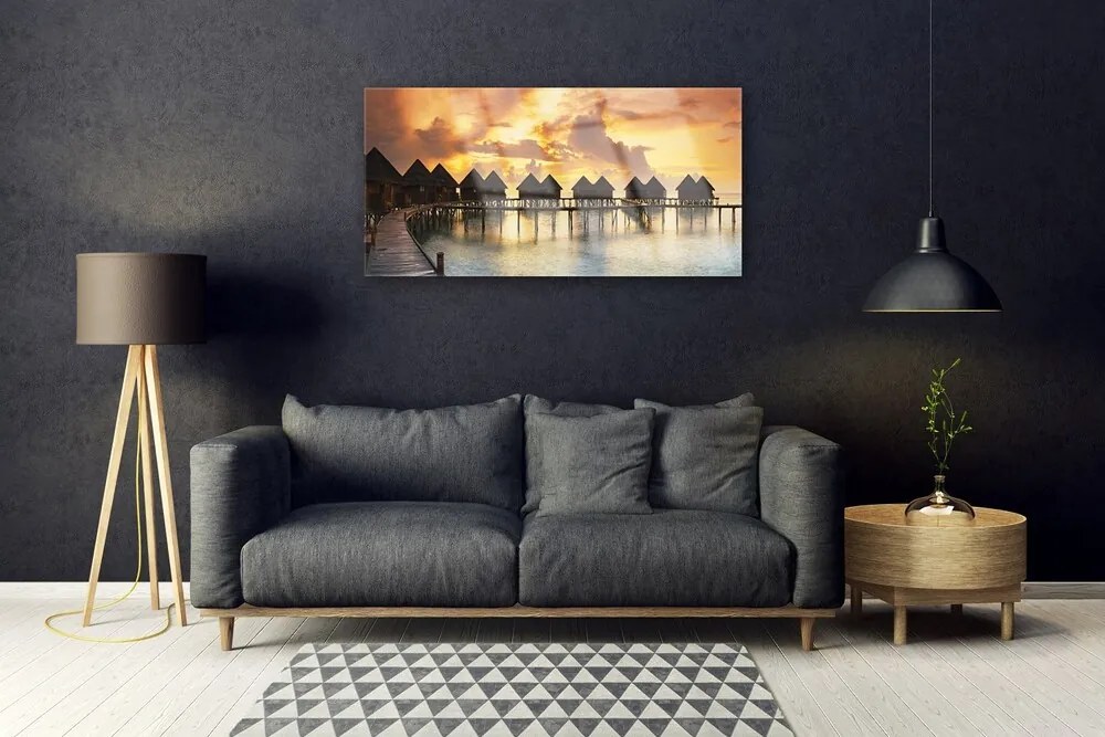 Obraz na skle More prázdniny domky 100x50 cm