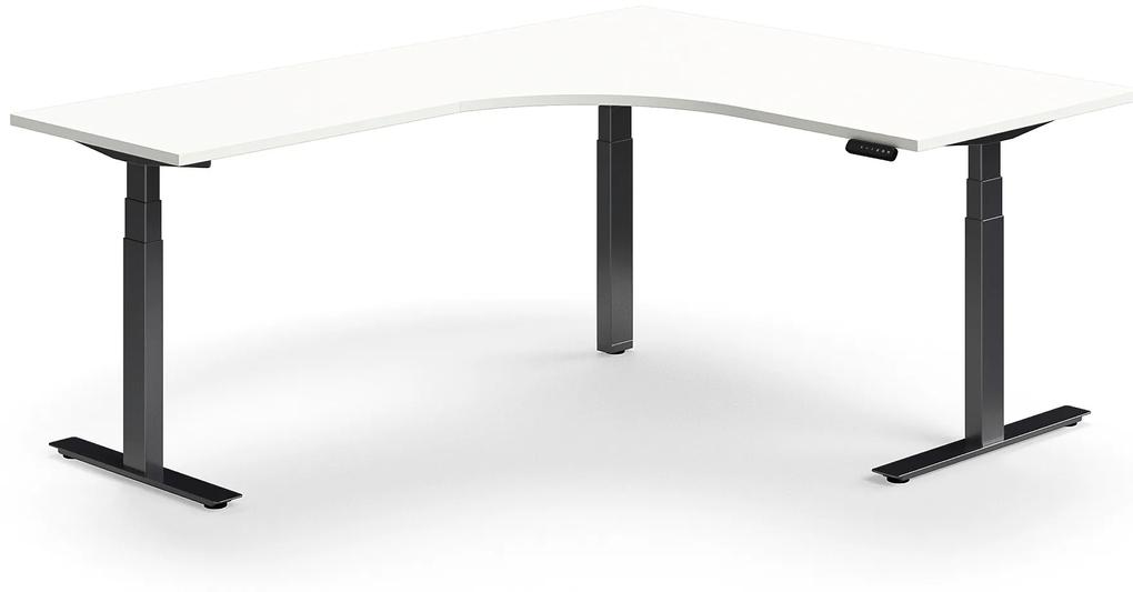Výškovo nastaviteľný stôl QBUS, rohový, 1600x2000 mm, čierny rám, biela