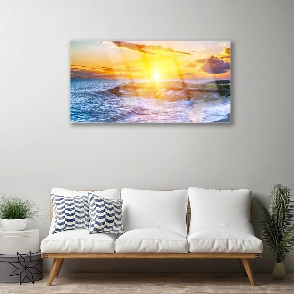 Skleneny obraz Západ slnka more pobrežie 125x50 cm