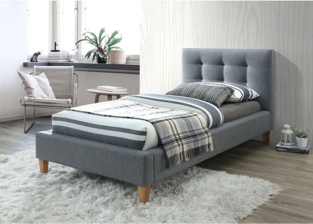 Sivá čalúnená postel TEXAS 90 x 200 cm Matrac: Matrac COCO MAXI 23 cm