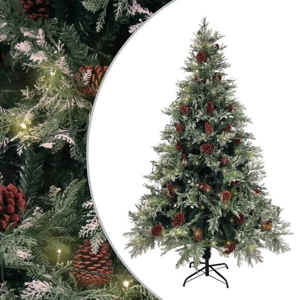 vidaXL Vianočný stromček s LED a šiškami zeleno-biely 120 cm PVC&PE