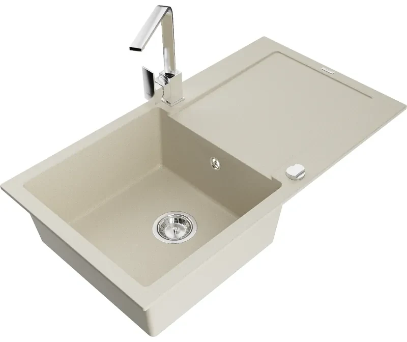 Mexen Leo, drez granitový 900x500x190 mm, 1-komorový, béžový s chrómovým sifónom a chrómová drezová batéria Rita, 6501-69-670300-00