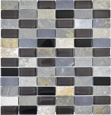 Sklenená mozaika s prírodným kameňom šedá čierna béžová 31x32,5 cm