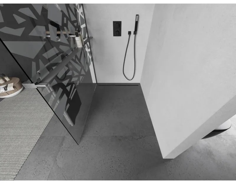 Mexen Kioto+, sprchová zástena Walk-In s poličkou a vešiakom 90 x 200 cm, 8mm číre sklo biely vzor, grafitový profil, 800-090-121-66-85