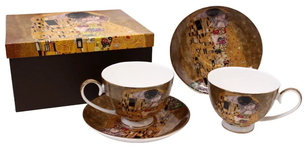 HOME ELEMENTS Porcelánová šálka a podšálka 2 x 250 ml, Klimt, Bozk, zlatý