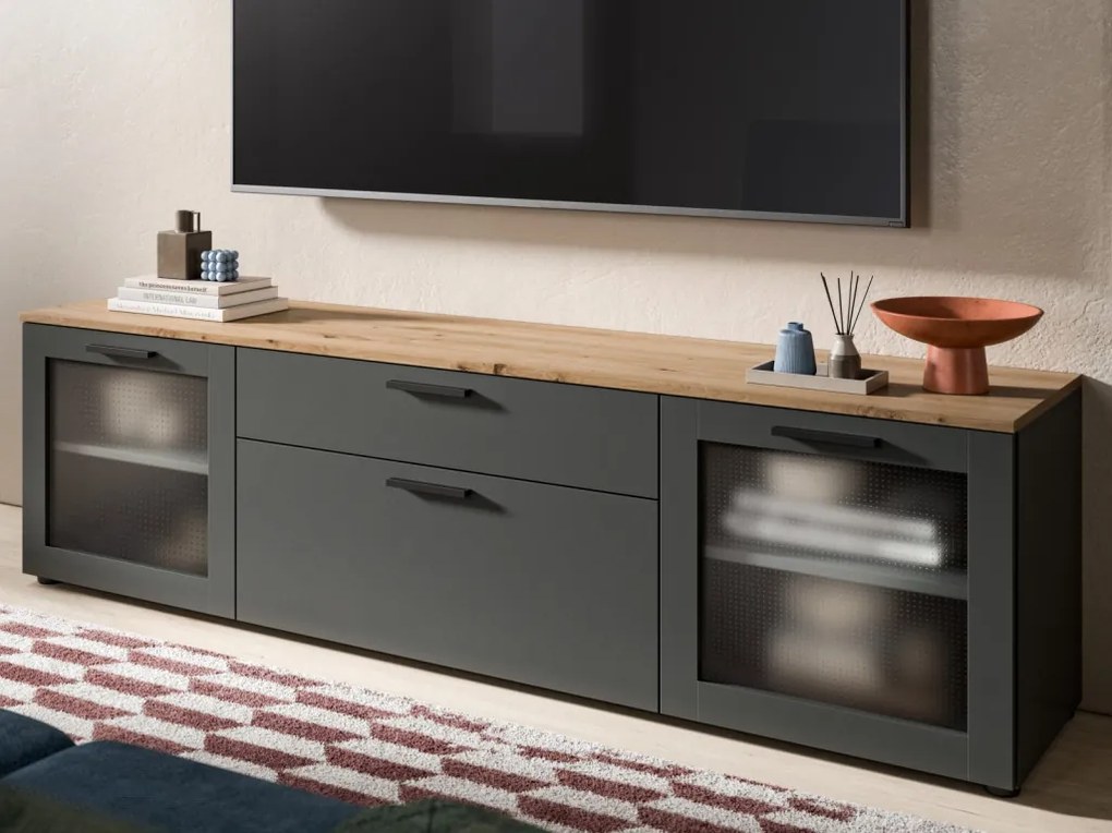 Široká TV skrinka Niklas, 185 cm, šedá/dub artisan