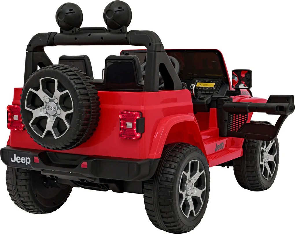 Ramiz Jeep Wrangler Rubicon na batérie pre deti červený + diaľkové ovládanie + rádio MP3 LED + kolesá EVA