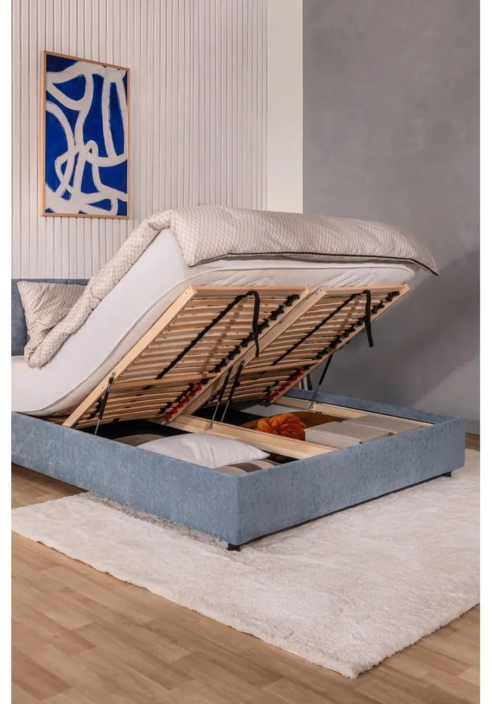 Modrá čalúnená dvojlôžková posteľ s úložným priestorom s roštom 160x200 cm Myra Pillow – Bonami Selection