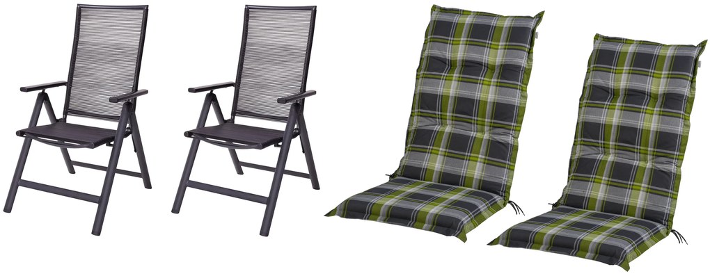 Livarno home Záhradné kreslo Miami, 2 kusy + Podložka na kreslo s vysokým operadlom Valencia/Miami, káro/zelená, 2 kusy (800010855)