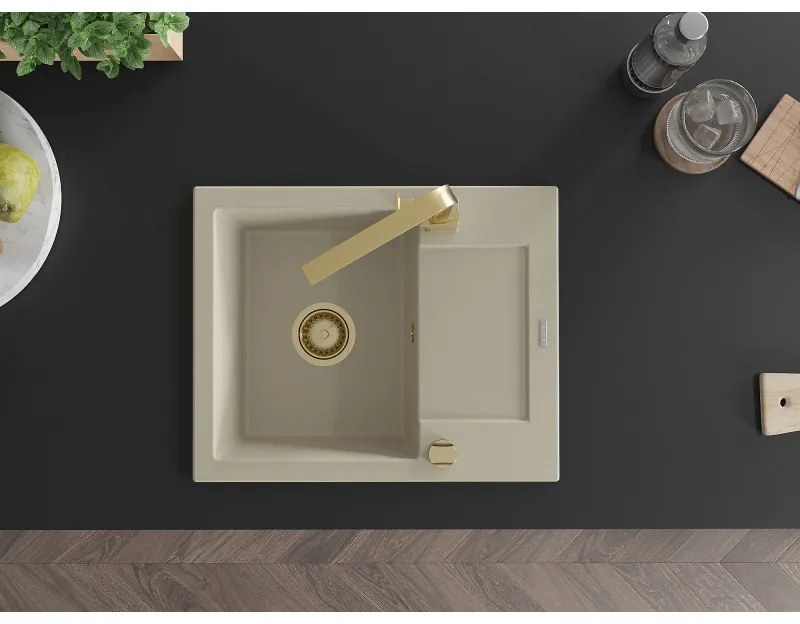 Mexen Enzo, granitový drez 576x465x174 mm, 1-komorový, zlatá batéria Rita, béžová, 6506-69-670300-50