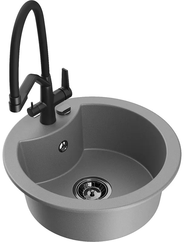 Mexen Diego, 1-komorový granitový drez 488x488x167 mm a drezová batéria Duo, šedá, 6512-71-671701-70-B