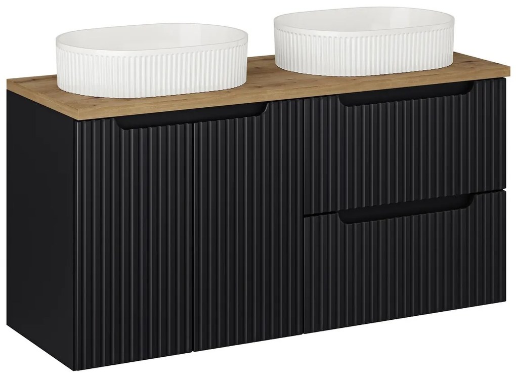 Závesná skrinka Nova Black Beyond s doskou a umývadlom 120 cm čierna/dub evoke