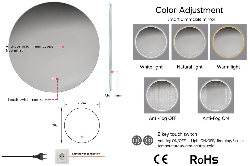 Erga Sofia, okrúhle LED zrkadlo 70cm, 1610 lm, 3 farby svetla, ERG-V01-207-7070