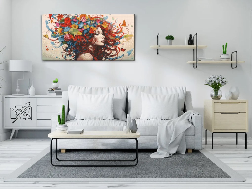 Gario Diamantové maľovanie Žena s motýľmi vo vlasoch Rozmery: 80 x 40 cm, Rámovanie: S vnútorným rámom, Diamanty: Okrúhle