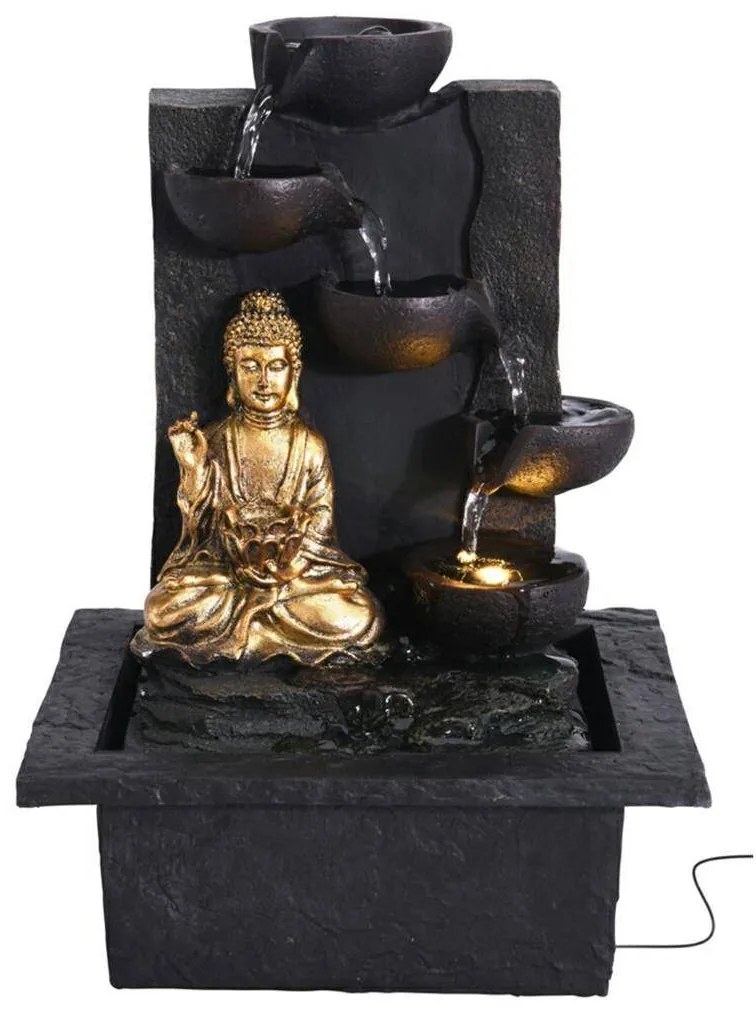 Záhradná fontána s osvetlením Budha, 30x21,5x18 cm, polistone, čierna
