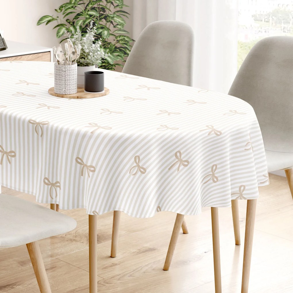 Goldea oválny obrus 100% bavlnené plátno - latte mašličky s prúžkami 140 x 280 cm