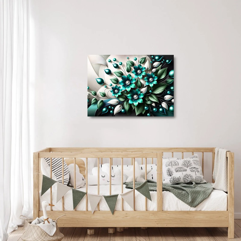 Sklenený obraz - 3D tyrkysové kvety (70x50 cm)