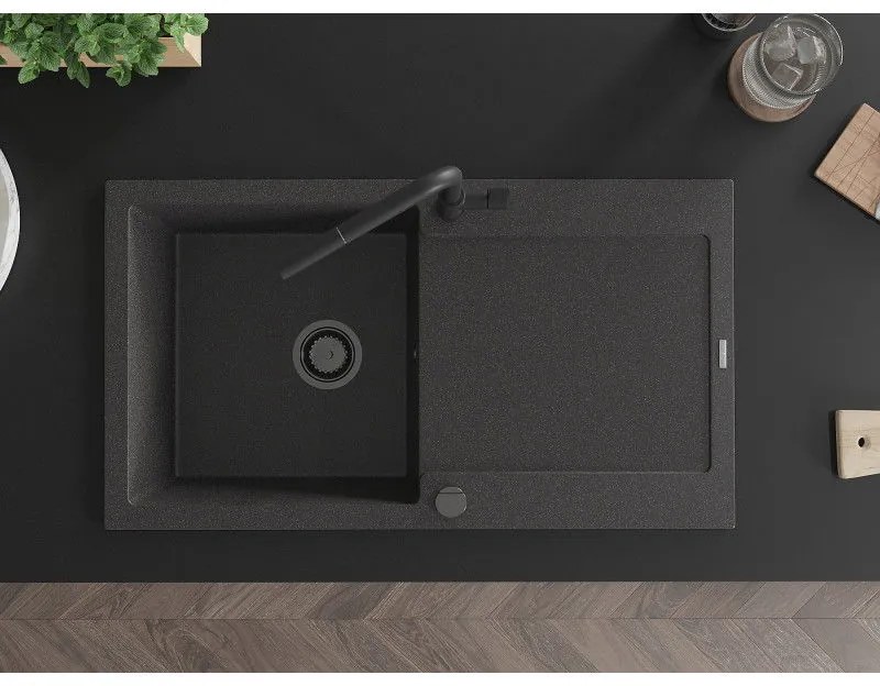 Mexen Leo, 1-komorový granitový drez 900x500x190 mm a drezová batéria Flora, čierna škvrnitá, 6501-76-670401-70-B