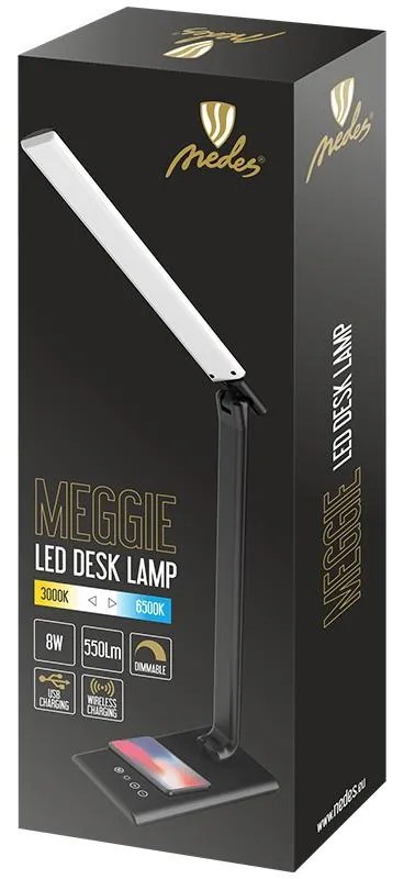 LED lampička MEGGIE čierna stmievateľná s bezdrôtovým nabíjaním a USB 8W