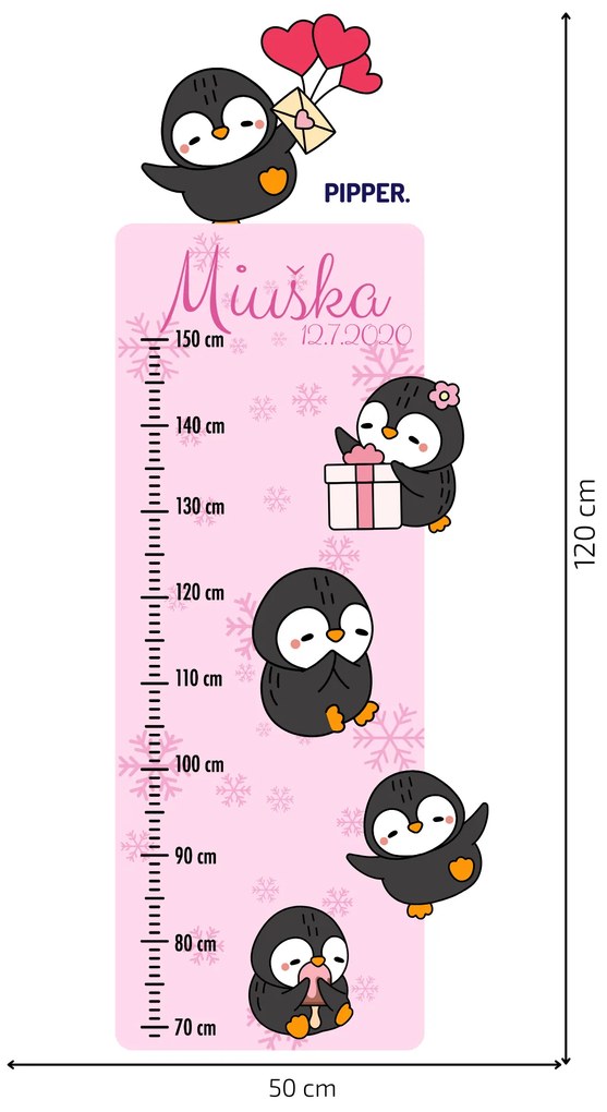 50x120cm Detský meter s menom - Tučniaky - textilná nálepka na stenu