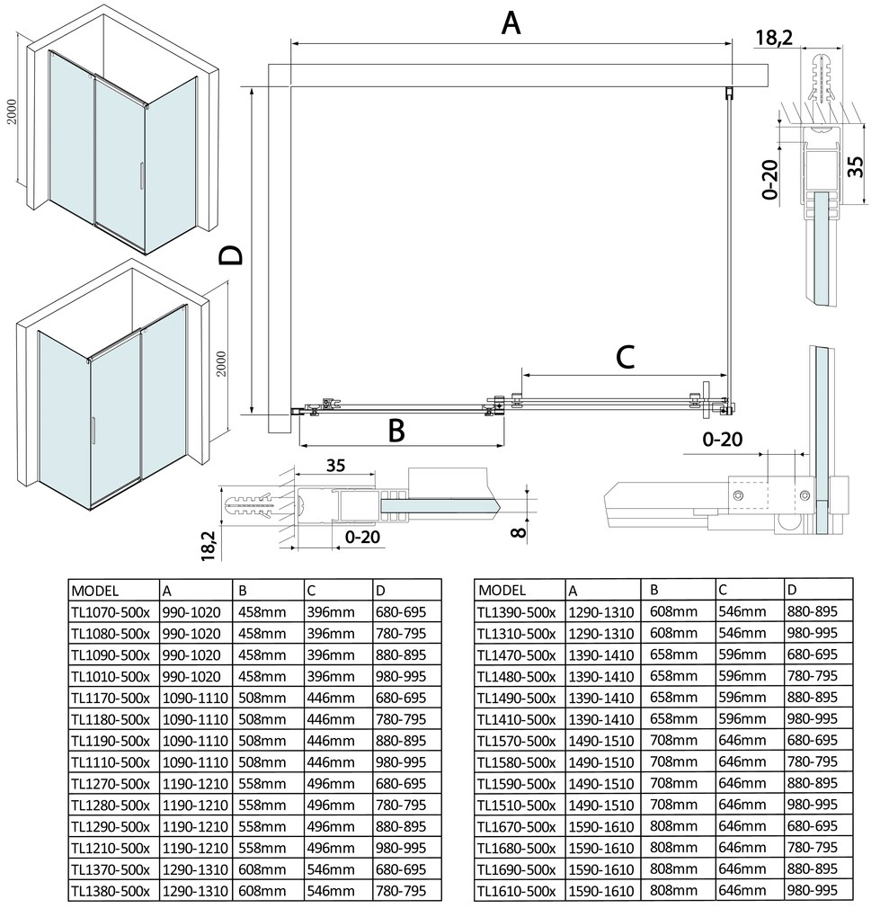 Polysan, THRON LINE SQUARE bdĺžniková sprchová zástena 1400x1000mm, TL1410-5002