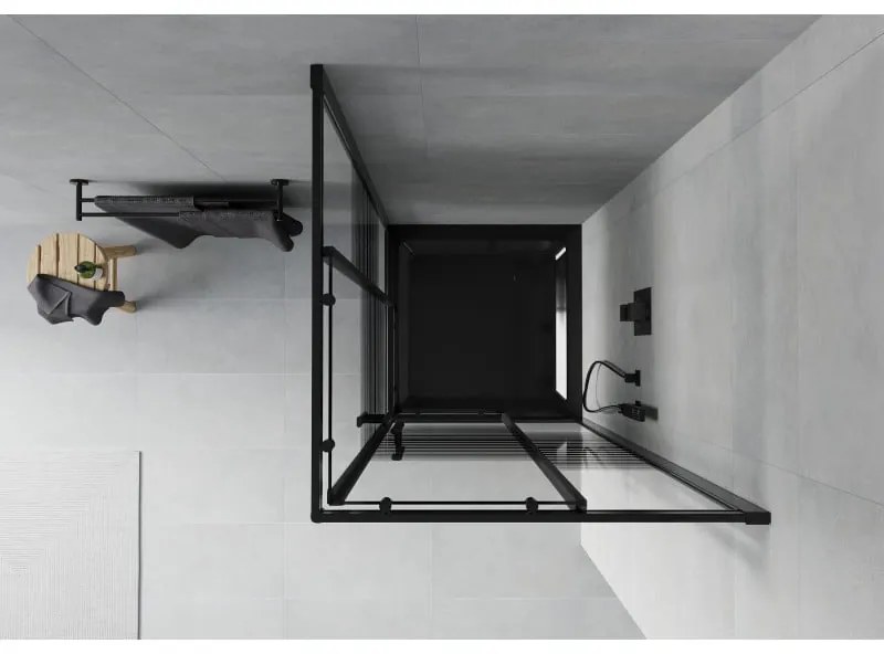 Mexen Rio, štvorcový sprchovací kút s posuvnými dverami 70(dvere) x 70(dvere) x 190 cm, 6mm číre sklo s pásikmi, čierny profil + čierna sprchová vanička SLIM, 860-070-070-70-20-4070B