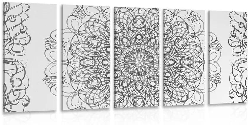5-dielny obraz abstraktná kvetinová Mandala v čiernobielom prevedení - 200x100