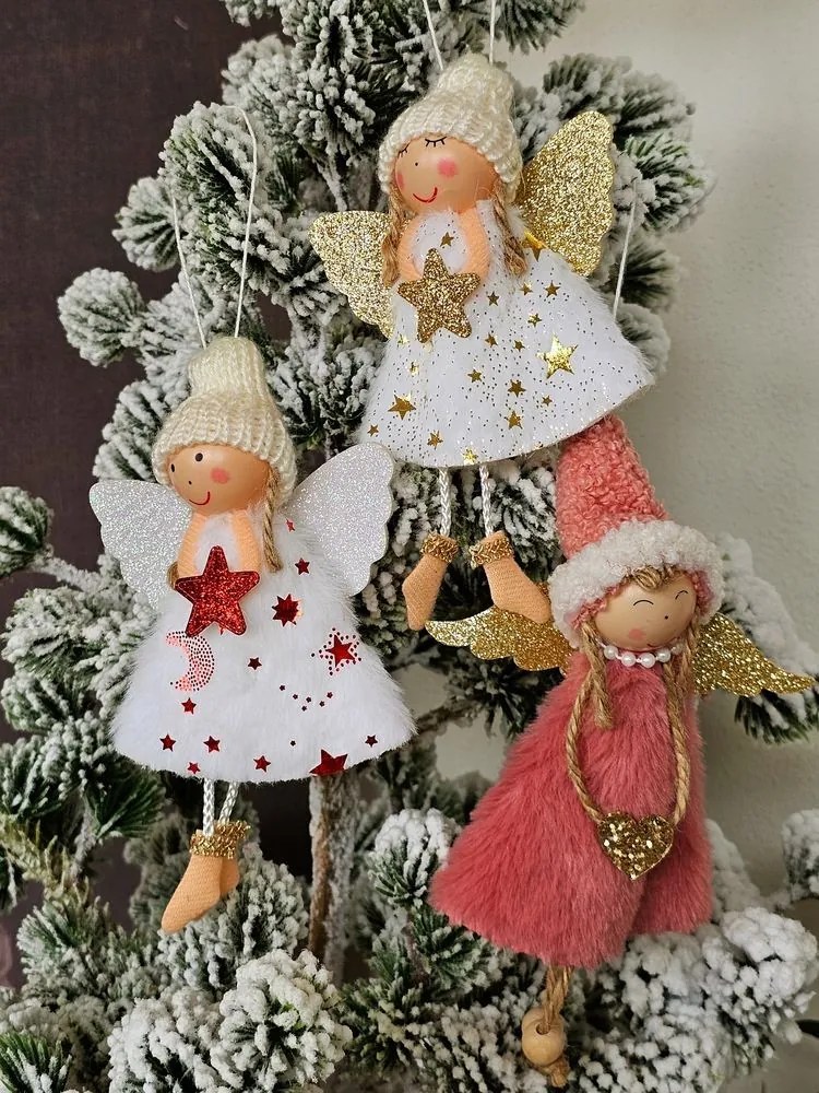 Biela látková závesná dekorácia anjel s hviezdičkou - 8*3*15 cm