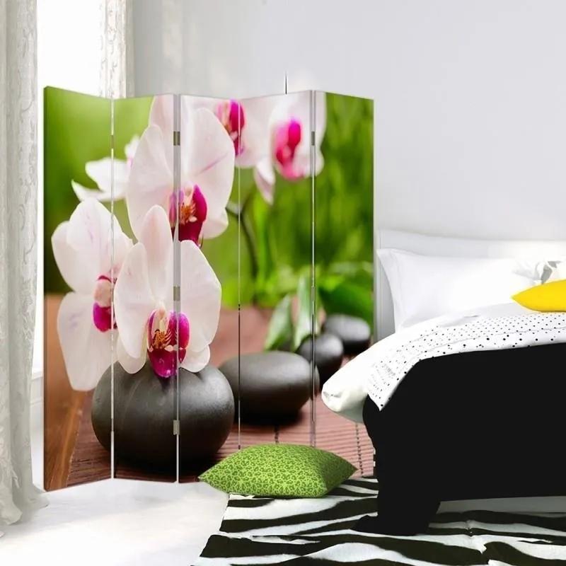Ozdobný paraván, Orchidej a lesklé kameny - 180x170 cm, päťdielny, obojstranný paraván 360°